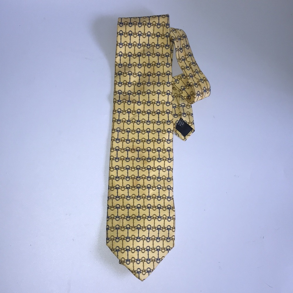 Vintage Paolo GUCCI Yellow Blue 100% Silk Tie Bag Lock Buckle Print